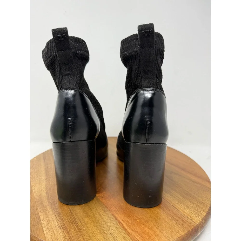 Tory Burch Rowan Black Leather Sock Booties Block Heel Ankle Boots Womens‎ 7.5M